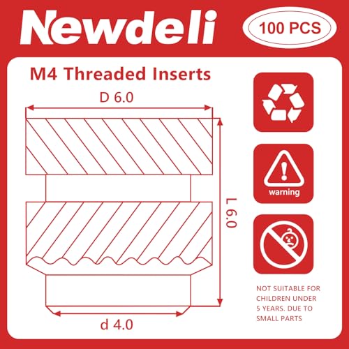 Newdeli 100pcs M4 Heat Set Inserts M4x6x6 Threaded Inserts for Plastic and 3D Printing Components Brass Metric Knurled Nuts Kit - size: M4x6x6 (100 pieces)