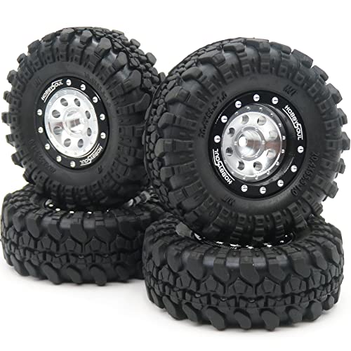 RC 1.0 Beadlock Wheels and Tires, 1/24 Tires & Heavy Adjustable Offset 1.0 Wheels Black Silver for 1/24 RC Crawler Car Truck Axial SCX24 Upgrade, (4-Pack, Assembled) - color: Black & Silver