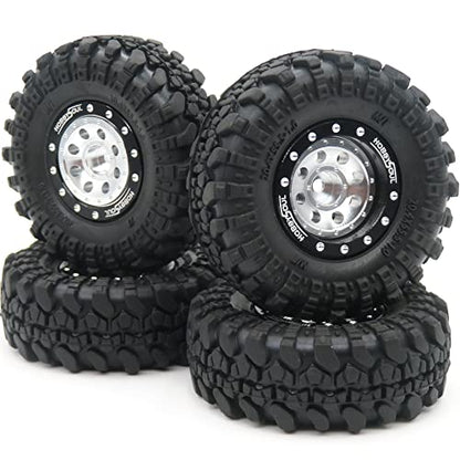 RC 1.0 Beadlock Wheels and Tires, 1/24 Tires & Heavy Adjustable Offset 1.0 Wheels Black Silver for 1/24 RC Crawler Car Truck Axial SCX24 Upgrade, (4-Pack, Assembled) - color: Black & Silver