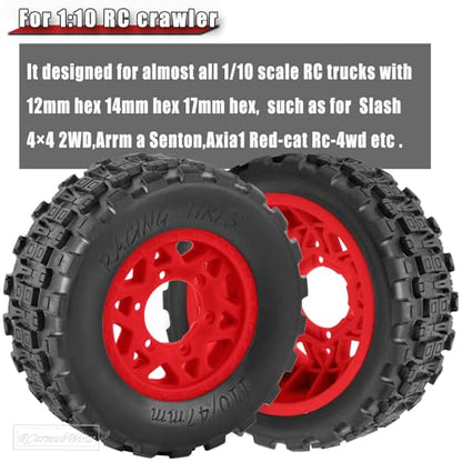 RC Truck Tires RC Wheels and Tires,12mm/14mm/17mm Hex RC Tires for 1/10 Slash 4×4 2WD,Arrm a Senton,Axia1 Red cat Rc 4wd,Off-Road Tire w/RC Wheels Hex,Red - color: Red(4pcs)