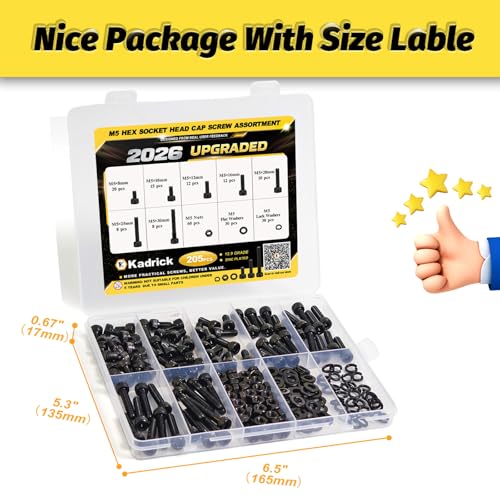 Kadrick M5 Screws Kit 205PCS, Socket Head Cap M5 Screw Assortment with Lock Washers for Secure Fastening, Class 12.9 Alloy Steel, Black Zinc Plated M5 Bolts for Mechanical, Automotive & Heavy-Duty Use - size: M5 205Pcs New