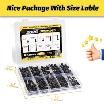 Kadrick M5 Screws Kit 205PCS, Socket Head Cap M5 Screw Assortment with Lock Washers for Secure Fastening, Class 12.9 Alloy Steel, Black Zinc Plated M5 Bolts for Mechanical, Automotive & Heavy-Duty Use - size: M5 205Pcs New