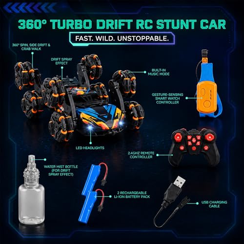 8 Wheels Hand Controlled RC Stunt Car, Gesture Sensing Car for Boys 6-12 | Gesture-sensing hand-controlled RC stunt car with joystick. 8 wheels, 360 flips, drift, LED, 2 batteries. Gift 6-12