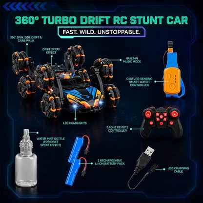 8 Wheels Hand Controlled RC Stunt Car, Gesture Sensing Car for Boys 6-12 | Gesture-sensing hand-controlled RC stunt car with joystick. 8 wheels, 360 flips, drift, LED, 2 batteries. Gift 6-12