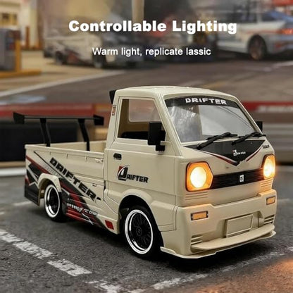 GoolRC WPL D-14S RC Kei Truck, 1:10 Scale Brushless RC Drift Car, 25KM/H High Speed Remote Control Car, 2.4GHz 4WD Proportional Throttle Steering Off Road Truck with LED Lights, 2 Batteries for Adults