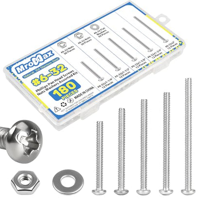 #6-32 x 1-1/4" to 2" Long Pan Head Machine Screw Kit for Electrical Outlets | 180Pcs with Nut Washer, 304 Stainless Steel UNC Fully Threaded Phillips Drive, for Outlet Box, Wall Plate, Furniture Assembly - size: #6-32(Long Screws Kit）
