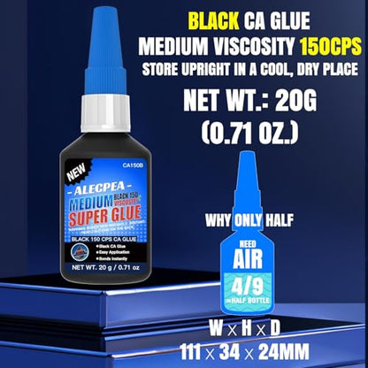 Black CA Glue 20g 150CPS Medium Super Glue for Wood & Leather | Cyanoacrylate adhesive for glass, metal, ceramic, rubber, jewelry, woodworking, hobby models and DIY crafts, Medium 150 CPS