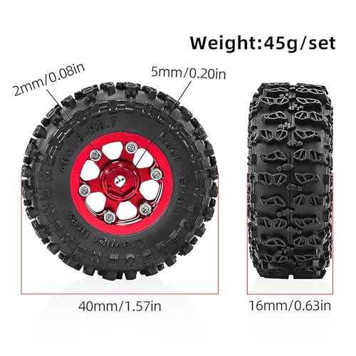0.7" Aluminum Beadlock Wheel & Crawler Tire Set for 1/30 RC Crawler, CNC Rims, 40 x 16 mm Tires, Includes Screwdriver, Pre-Assembled 4 pcs, Red - color: Red, size: Rock-Trail-Clean-Out