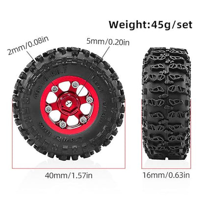 0.7" Aluminum Beadlock Wheel & Crawler Tire Set for 1/30 RC Crawler, CNC Rims, 40 x 16 mm Tires, Includes Screwdriver, Pre-Assembled 4 pcs, Red - color: Red, size: Rock-Trail-Clean-Out