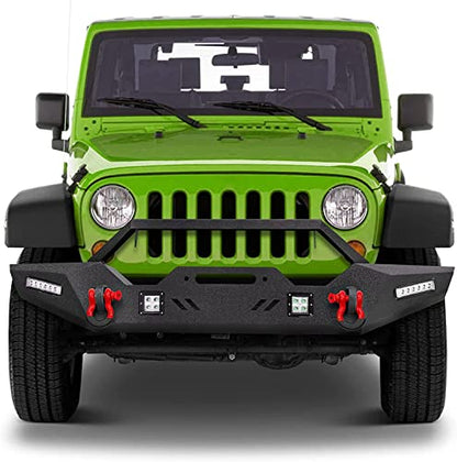 Front Bumper for 2007-2023 Wrangler JK, AAIWA Offroad Steel Bumper Full Width with 2" Hitch Receiver, LED Light Bars, and D-rings - size: 2007-2023 JK Front Bumper with LED Lights
