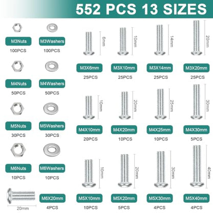 552 Pcs Metric Screws Nuts and Bolts Assortment Kit, M3 M4 M5 M6 Set Screws | 13 Sizes Machine Screws with Flat Washers for Machinery, Furniture, Automotive & DIY Repairs