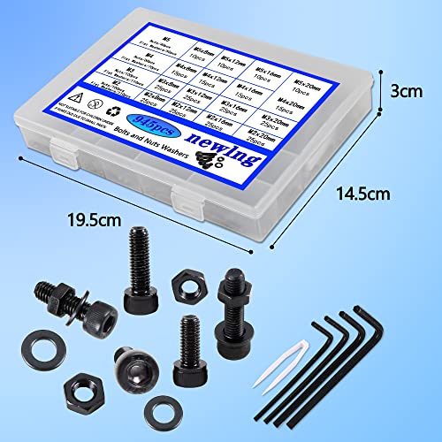 newlng Screws Assortment Kit M2 M3 M4 M5 Metric Black Bolts and Nuts Washers Set 945pcs 10.9 Carbon Steel Hex Socket Head Cap Machine Screws,for Metal Wood Plastic DIY Equipment Maintenance DIN912 - size: P-M2345
