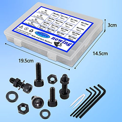 newlng Screws Assortment Kit M2 M3 M4 M5 Metric Black Bolts and Nuts Washers Set 945pcs 10.9 Carbon Steel Hex Socket Head Cap Machine Screws,for Metal Wood Plastic DIY Equipment Maintenance DIN912 - size: P-M2345
