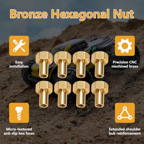 8Pcs Brass Wear Wheel Locks, 8mm 1/24 Hex Nuts Brass, Gold Brasses Wear RC Wheel Lock Nut, 5mm Hex Diameter RC Tire Lock Nut Replacement for SCX24 Remote Control Cars