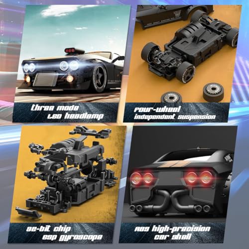 KM3299 RC Drift Car with Gyro Stabilization and LED Lights | 1:32 Scale High-Speed 4WD Mini Electric Remote Control Drift Vehicle, 30 km/h, RC Vehicle Gift for Adult - color: Black
