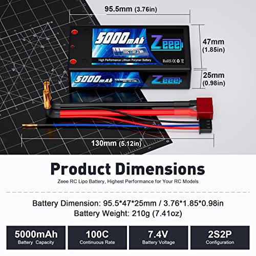 Zeee 2S Shorty Lipo Battery 5000mAh 7.4V 100C Hard Case with 4mm Bullet to T Connector for RC 1/10 Scale Vehicles Car Trucks Boats RC Models