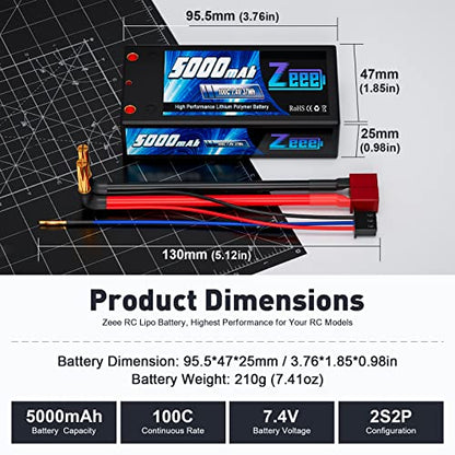Zeee 2S Shorty Lipo Battery 5000mAh 7.4V 100C Hard Case with 4mm Bullet to T Connector for RC 1/10 Scale Vehicles Car Trucks Boats RC Models