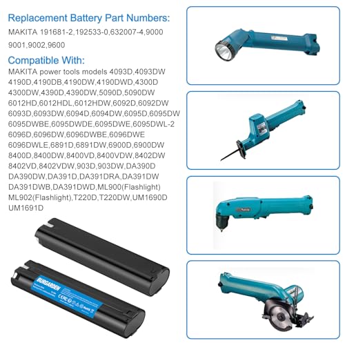 Upgraded 2Pack 4500mAh Ni-MH 9000 Battery for Makita 9.6V 9000 9033 6095d | da391d kr23/43 9600 6096d 9001 9002 192696-2 193890-9 632007-4