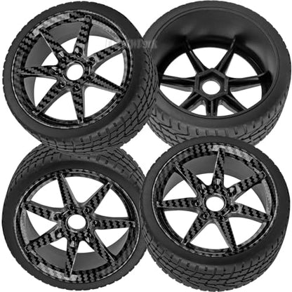 RC Highway Tires Wheel for 1/7 Infraction 6S BLX/Limitless,1/8 Typhon 6s BLX,7 Spokes Wheel Rim & Rubber Highway Tires RC Drift Tires,Carbon Surface(Black) - color: (Black)carbon Surface - (4pcs Bailuchi Tires)