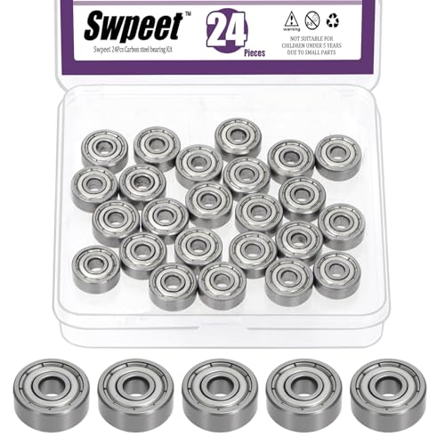 Swpeet 24Pcs 624ZZ Ball Bearings Assortment Kit, 4 x 13 x 5mm Carbon Steel Deep Groove Bearings, Miniature Bearings, Double Shielded - size: 624ZZ-24PCS, style: Carbon Steel