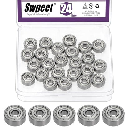 Swpeet 24Pcs 624ZZ Ball Bearings Assortment Kit, 4 x 13 x 5mm Carbon Steel Deep Groove Bearings, Miniature Bearings, Double Shielded - size: 624ZZ-24PCS, style: Carbon Steel