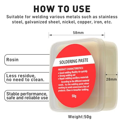 6-in-1 solder kit, soldering iron tip cleaner +1.0mm solder wire(11g*2pcs)+Rosin Solder Flux Paste (1.75 oz/50g), desoldering wick (2.5 * 3.0mm,9.8ft) Stainless steel scraper stir welding tool