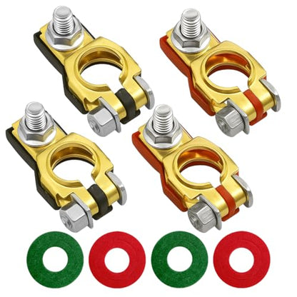 Car Battery Terminal Connector, 2 Pair Top Post Battery Cable Terminal Clamp Set with 4PCS Washers, Positive Negative Auto Cable Post Adapter, Compatible with Auto Truck RV (Red/Black Gold) - color: Red/Black/Gold, size: 2Pair