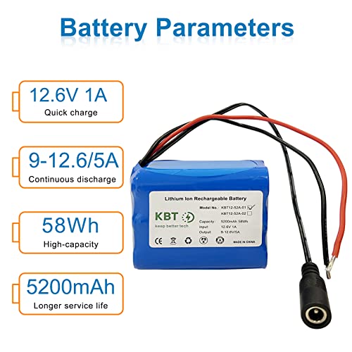 KBT 12V 5200mAh Rechargeable Li-ion Battery, Bare Leads Wire Replacement Battery Pack with Charger Compatible with 12V Devices RC Car, Boat, Robot, DIY, LED Light Strip, CCTV Camera - style: 5.2Ah bare leads