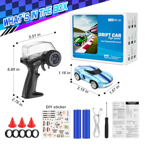 RC Drift Car, 1/64 Mini Drift RC Cars 4WD Micro Remote Control Car with LED Lights and Speed Switch, Ideal Birthday Cars Toys for Adults Kids Boys Age 6 7 8-12, Blue - color: Blue