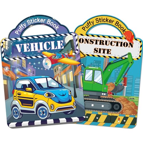 Elfew 2 Pack Puffy Vehicle Sticker Books for Toddlers Ages 2-4 3-5 | Extra-Large Tri-Fold Sticker Book, Construction Truck and Car Theme, Over 100+ Stickers, 3D Reusable, Activity Gifts for Boy - color: Construction and Vehicle
