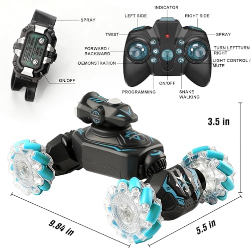 Gesture Sensing Remote Control Car, RC Cars Toys for Boys Age 6-12, 4WD Hand Controlled Twist & Transform 360° Spins Stunt Car with Mist, Light & Music, 8-10 Year Old Boys Birthday Gift Blue - color: Blue