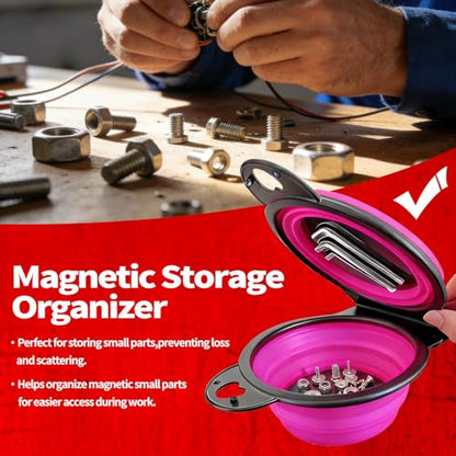 Magnetic Trays, Magnetic Bowl for Screws, Magnetic Tool Tray (magenta2.0) | Collapsible Magnetic Tool Tray, Integrated 5.1" Round Dual Silicone Bowls, Upgraded Version, Bonus Hook for On-the-Go Carry - style: magenta2.0