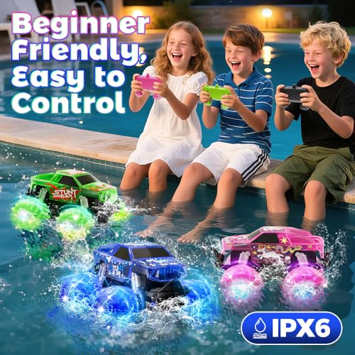 Drefirsa Waterproof Remote Control Monster Truck, Remote Control Car Toy | Amphibious, 4WD All Terrain RC Truck with Colorful Light, RC Stunt Car Toy for 6 7 8 9 10 11 12 Year Old Boy Birthday Gift - color: Blue