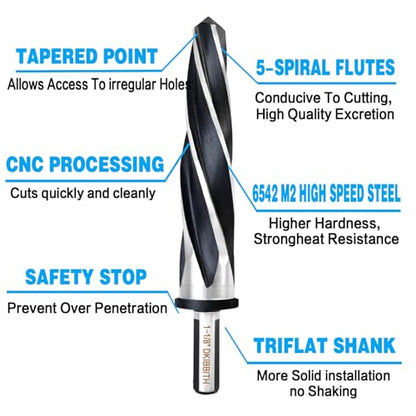 1-1/8" Bridge Construction Reamer Drill Bit, M2 HSS Taper Chucking Reamer for Steel Alloy Metal Wood Plastic, 1/2" Non-Slip Shank, 5-Spiral Flutes Car Reamer, to Align or Enlarge Holes, 28mm - size: 1-1/8"