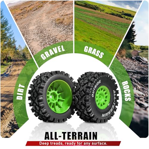 4PCS Pre-Glued 1/14 RC Tires and Wheels, 68×28mm All-Terrain Rubber Short Course Truck Tires with 12mm Hex Nylon Rims for ARRMA Mojave GROM, 1/14 1/18 RC Off-Road Trucks Green - color: Green