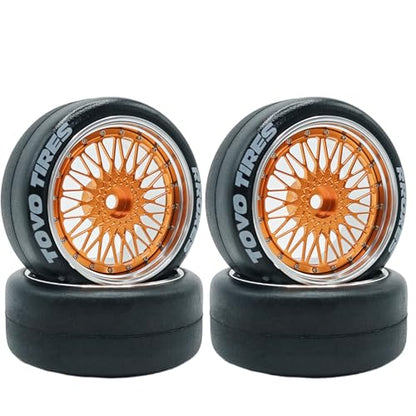 1/10 RC Drift Smooth Tires OD 2.56" & Aluminum Wheels 12mm Hex Hard Drift Racing Tyres for 1:10 1/12 Rally Street On Road Touring Car TT01 TT02 XV02 XV01 TA06 KYOSHO PTG2 4PCS (Gold) - color: Gold