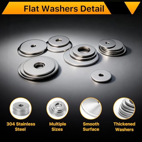 108PCS Flat Washers Assortment Kit, 304 Stainless Steel Washers | Fender Washers, 12 Sizes (M3 M4 M5 M6 M8 M10 M12) Metric Metal Washers for Screws and Bolts, Automotive Industrial Home Use - style: 108PCS (Metric）