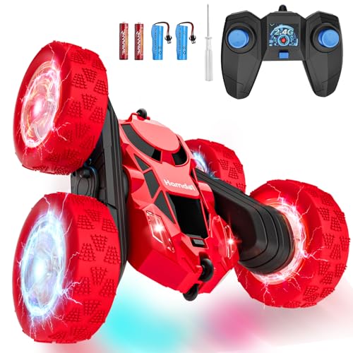 Hamdol Remote Control Car for Kids Ages 6-12, 4WD RC Stunt Car with LED Lights & 360° Flips, 2.4GHz Fast Electric Toy Vehicle, Upgraded Battery, Birthday for Boys Ages 8-10 - color: Red, size: Glow (Headlights & Wheel Lights)