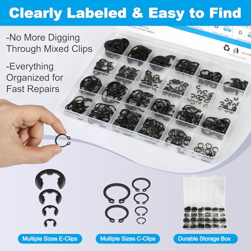 324Pcs C Clips & E Clips Assortment Kit, External Retaining Snap Rings | 24 sizes black carbon steel, C Clip 5mm–16mm, E Clip 2mm–12mm, for shafts, bearings, machinery & automotive repair