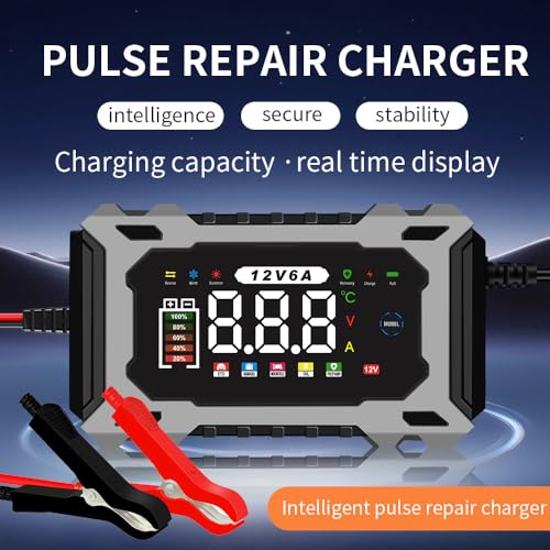 6A 12V Smart Battery Charger Maintainer (Gray) | 6A Smart Charger Maintainer, Pulse Desulfator, Trickle Tender, Overcharge Safe, AGM/GEL/SLA, for Car/Marine/Lawn Mower/ATV - color: Gray