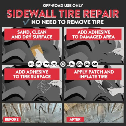 GlueTread SXS Sidewall Tire Repair Kit, Off Road UTV ATV Tire Patch Kit | Mends Side Wall Punctures and Gashes with Rubber & Glue, No Need to Remove Wheel, Fixes Up To 4-6 Tubeless Flats, Emergency