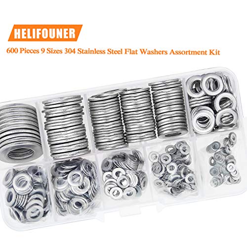 HELIFOUNER 600 Pieces 9 Sizes 304 Stainless Steel Flat Washers Assortment Kit (M2 M2.5 M3 M4 M5 M6 M8 M10 M12) - size: M2-M12 Assortment