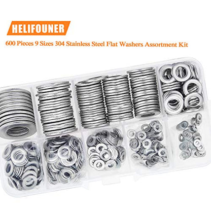 HELIFOUNER 600 Pieces 9 Sizes 304 Stainless Steel Flat Washers Assortment Kit (M2 M2.5 M3 M4 M5 M6 M8 M10 M12) - size: M2-M12 Assortment