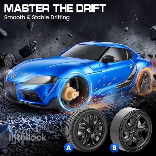 IntelLock 1:24 RTR RC Drift Car with Scratch-Free Drift Tires, 4WD High-Speed JDM, 2 Rechargeable Batteries, LED Lights, 2.4GHz Remote Control Car for Kids & Adults, Indoor/Outdoor (Blue 2)