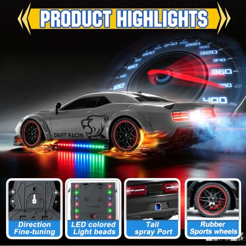 Remote Control Car 1:14 Scale RC Cars with Spray Effect, LED Lights & Realistic Sound, 2.4GHz Racing Toy with Controller, Christmas Birthday Gift for 3-9 Year Old Boys Girls (Gray)