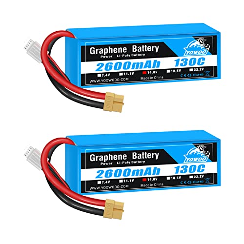 YOWOO 2 Pack LiPo Battery 14.8V 2600mAh 130C 4S Graphene Battery with XT60 Plug for RC Evader BX Car Truck Truggy RC Airplane Helicopter Quadcopter UAV Drone FPV Racing Vehicle Boat