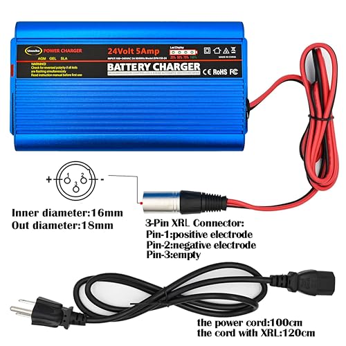 Unocho 24V 5A Battery Charger Maintainer 4-Stage Smart Lead-Acid Charger with 3-Pin XLR Connector Power Switch and LED Display for Wheelchairs Mobility Scooters AGM Gel SLA VRLA
