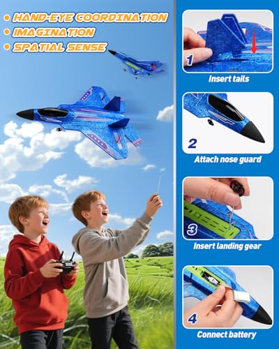 ANTSIR F22 RC Airplane for Kids Boys Adults Beginners Easy to Fly Gift | Gyro Stabilizer, LED Lights, 2.4GHz 2 Channel, 2 Batteries EPP Foam RC Glider, 2.4GHz Remote Control Fighter Jet - color: Blue F22-2 Batteries Kf