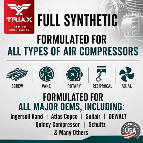 TRIAX Kompressor ISO 46 SAE 20, Full Synthetic, Multi-Vis Air Compressor Oil | for Rotary, Vane, Screw, and Reciprocal | Commercial Grade | High Temp | Non-Detergent (1 Gallon) - size: 1 Gallon