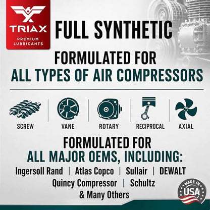 TRIAX Kompressor ISO 46 SAE 20, Full Synthetic, Multi-Vis Air Compressor Oil | for Rotary, Vane, Screw, and Reciprocal | Commercial Grade | High Temp | Non-Detergent (1 Gallon) - size: 1 Gallon